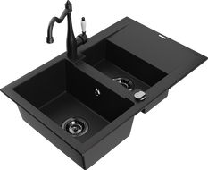Mexen Gaspar Granite Sink 1.5-Bowl with Drainer and Carla Kitchen Faucet, Black - 6507-77-670700-70-B