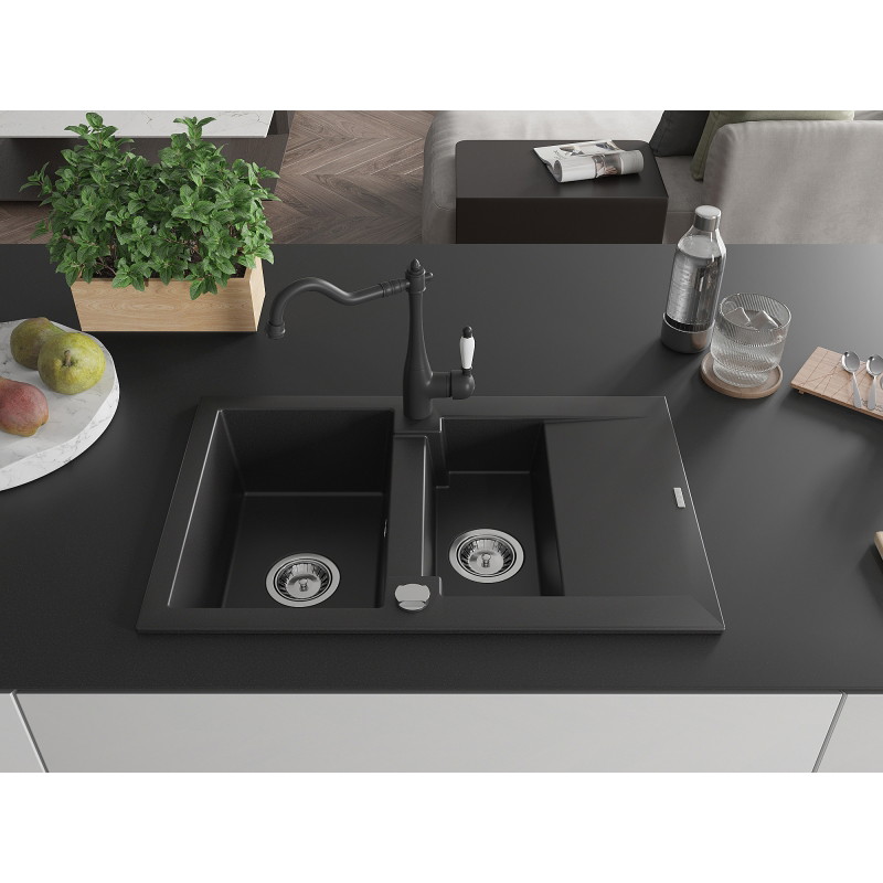 Mexen Gaspar 1.5-bowl granite sink with drainer and kitchen faucet Carla, black - 6507-77-670700-00