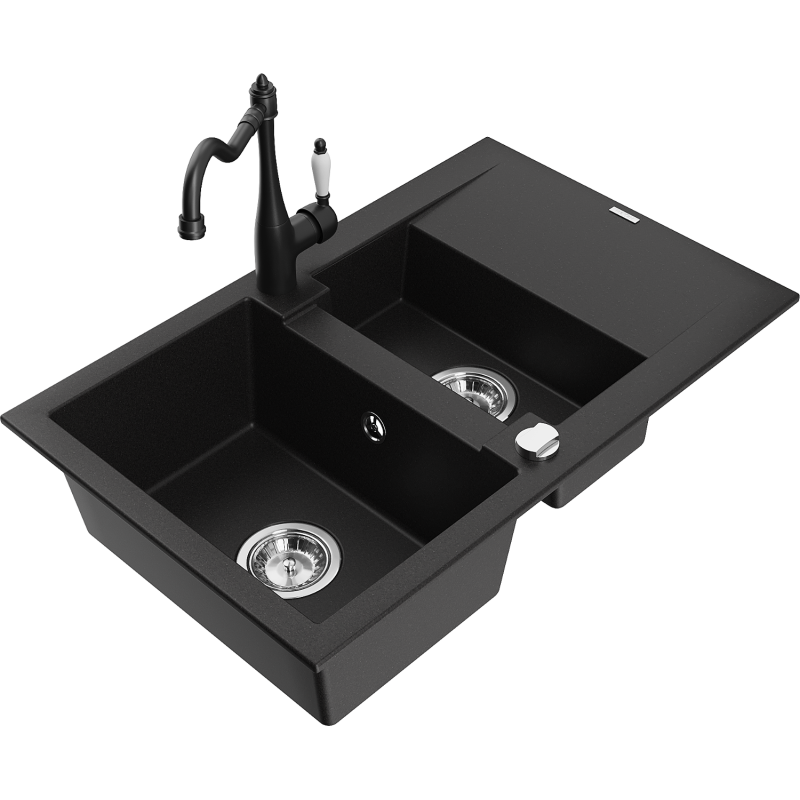 Mexen Gaspar 1.5-compartment granite sink with a drip tray and kitchen mixer tap Carla, Black - 6507-77-670700-00