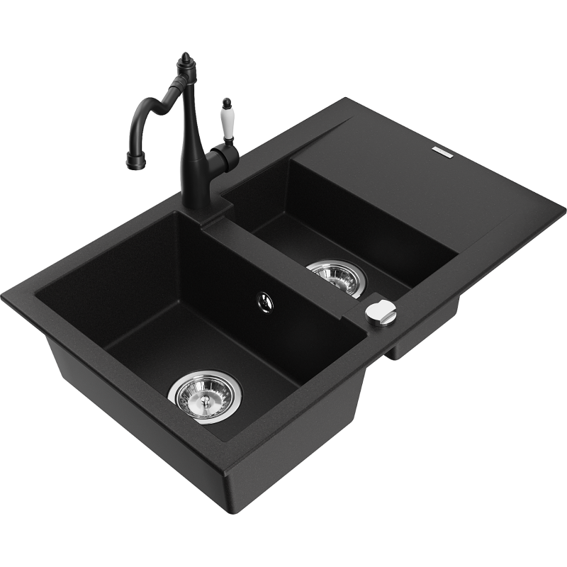 Mexen Gaspar granite kitchen sink 1.5-bowl with drainer and Carla kitchen tap, black - 6507-77-670700-00
