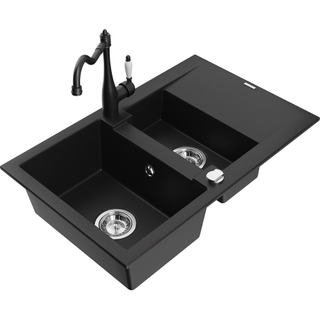 Mexen Gaspar granite kitchen sink 1.5-bowl with drainer and Carla kitchen tap, black - 6507-77-670700-00