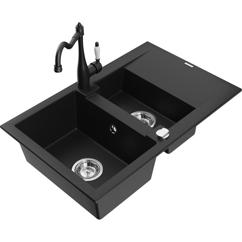 Mexen Gaspar granite sink 1.5-bowl with drainer and kitchen faucet Carla, black - 6507-77-670700-70