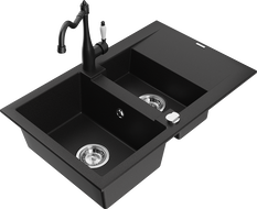 Mexen Gaspar granite sink 1.5-bowl with drainer and kitchen faucet Carla, black - 6507-77-670700-70