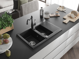 Mexen Gaspar Granite Sink 1.5-Bowl with Drainer and Carla Kitchen Tap, Black - 6507-77-670700-70