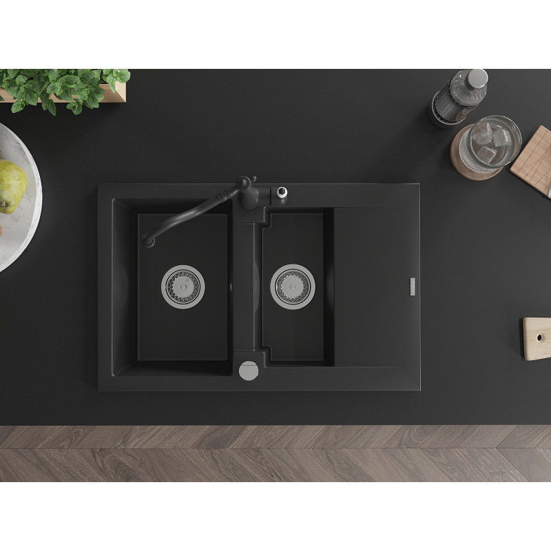 Mexen Gaspar Granite Sink 1.5-Bowl with Drainer and Carla Kitchen Tap, Black - 6507-77-670700-70