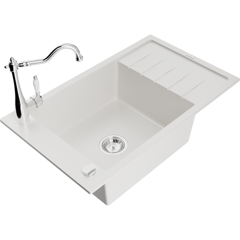 Mexen Elias 1-compartment granite sink with a drip tray and kitchen mixer tap Carla, White - 6511-20-670700-00