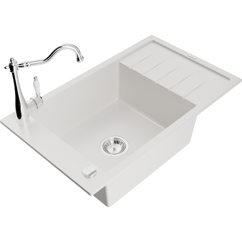 Mexen Elias granite sink 1-bowl with drainer and Carla kitchen tap, white - 6511-20-670700-00