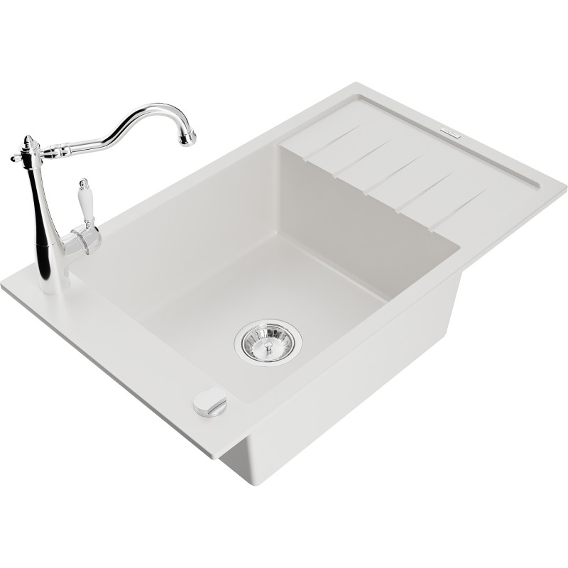 Mexen Elias granite sink 1-bowl with drainer and kitchen faucet Carla, white - 6511-20-670700-00