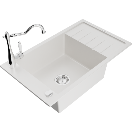 Mexen Elias 1-compartment granite sink with a drip tray and kitchen mixer tap Carla, White - 6511-20-670700-00
