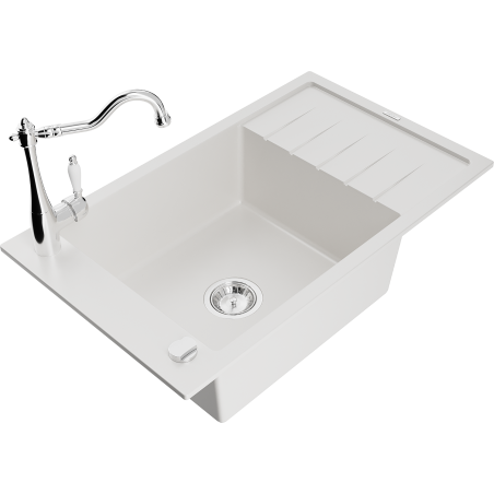 Mexen Elias granite sink 1-bowl with drainer and Carla kitchen tap, white - 6511-20-670700-00