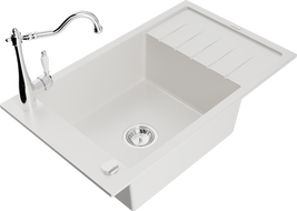 Mexen Elias 1-compartment granite sink with a drip tray and kitchen mixer tap Carla, White - 6511-20-670700-00