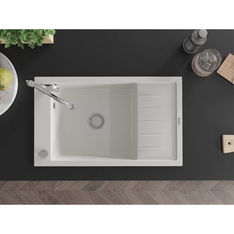 Mexen Elias granite kitchen sink, 1-bowl with drainer and kitchen faucet Carla, white - 6511-20-670700-00