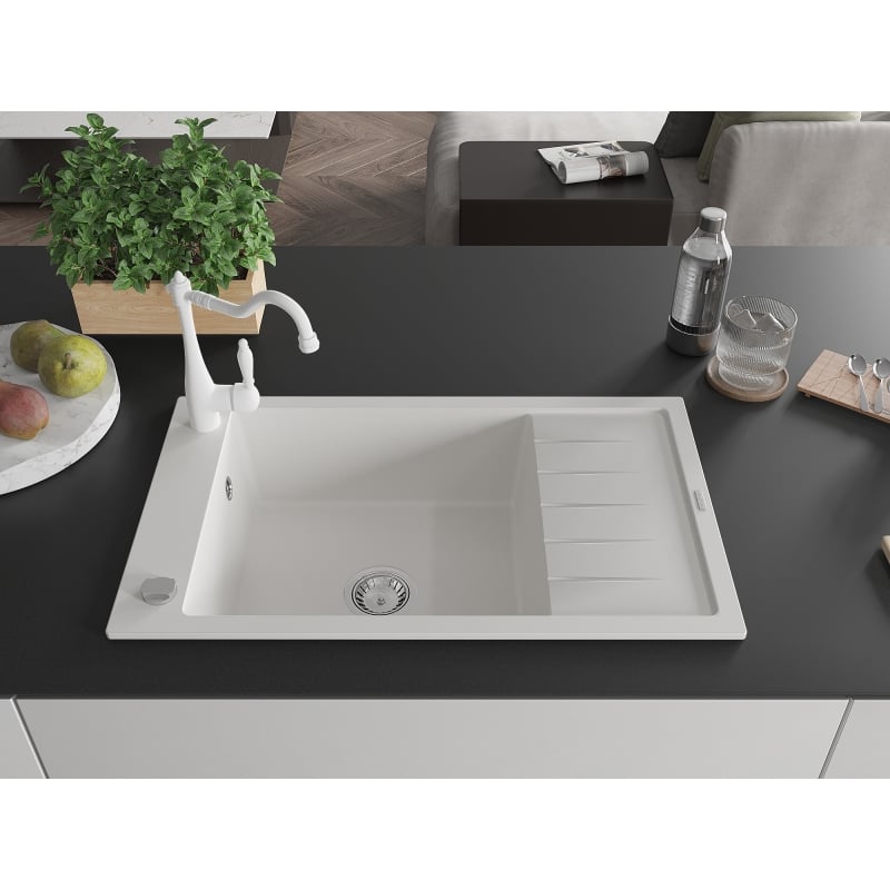 Mexen Elias 1-bowl granite sink with drainer and Carla kitchen faucet, white - 6511-20-670700-20