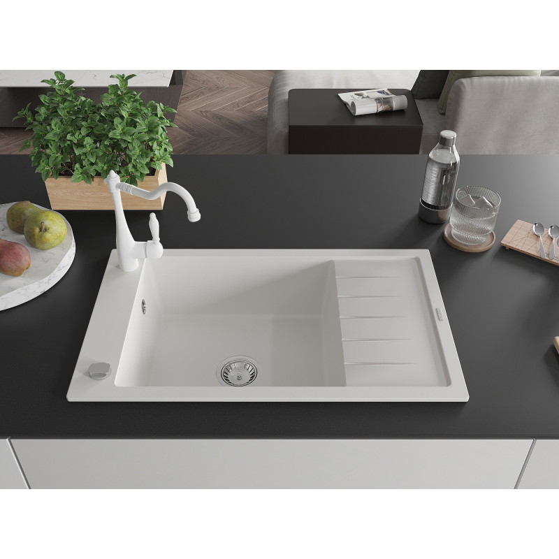 Mexen Elias granite sink 1-bowl with drainer and Carla kitchen faucet, white - 6511-20-670700-20
