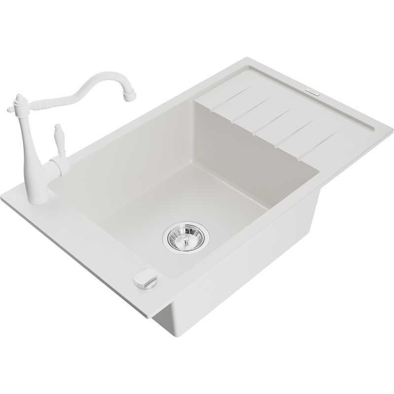 Mexen Elias 1-compartment granite sink with a drip tray and kitchen mixer tap Carla, White - 6511-20-670700-20