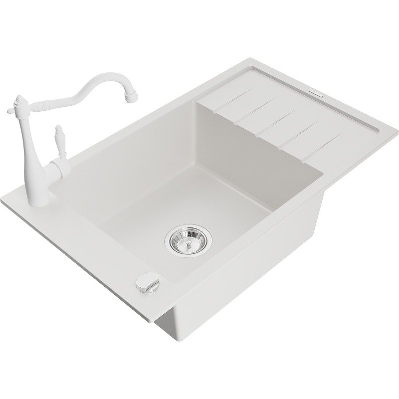 Mexen Elias granite sink 1-bowl with drainer and Carla kitchen faucet, white - 6511-20-670700-20