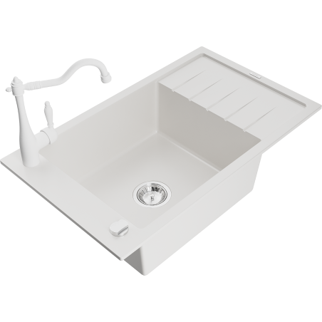 Mexen Elias 1-bowl granite sink with drainer and Carla kitchen faucet, white - 6511-20-670700-20