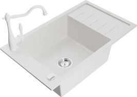 Mexen Elias granite sink 1-bowl with drainer and Carla kitchen faucet, white - 6511-20-670700-20