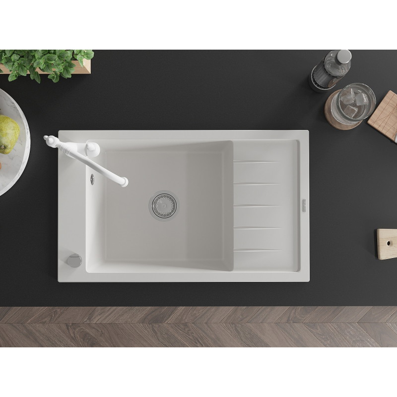 Mexen Elias granite sink 1-bowl with drainer and Carla kitchen faucet, white - 6511-20-670700-20