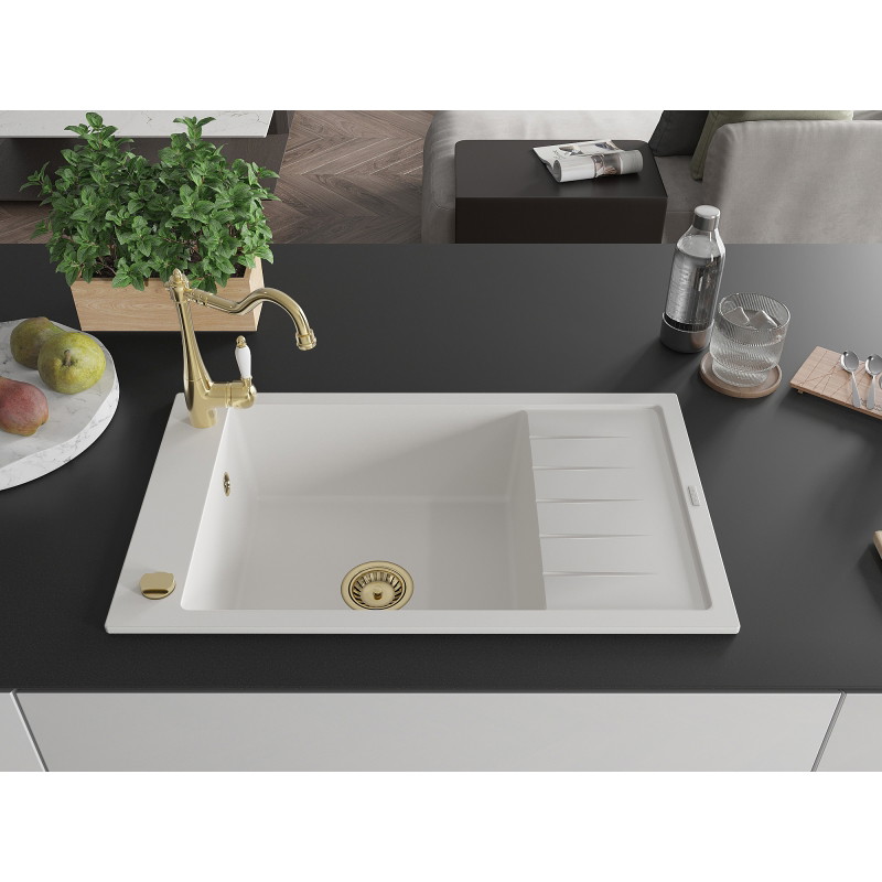 Mexen Elias granite single-bowl kitchen sink with drainer and Carla kitchen faucet, white - 6511-20-670700-50