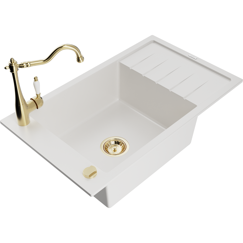 Mexen Elias 1-compartment granite sink with a drip tray and kitchen mixer tap Carla, White - 6511-20-670700-50