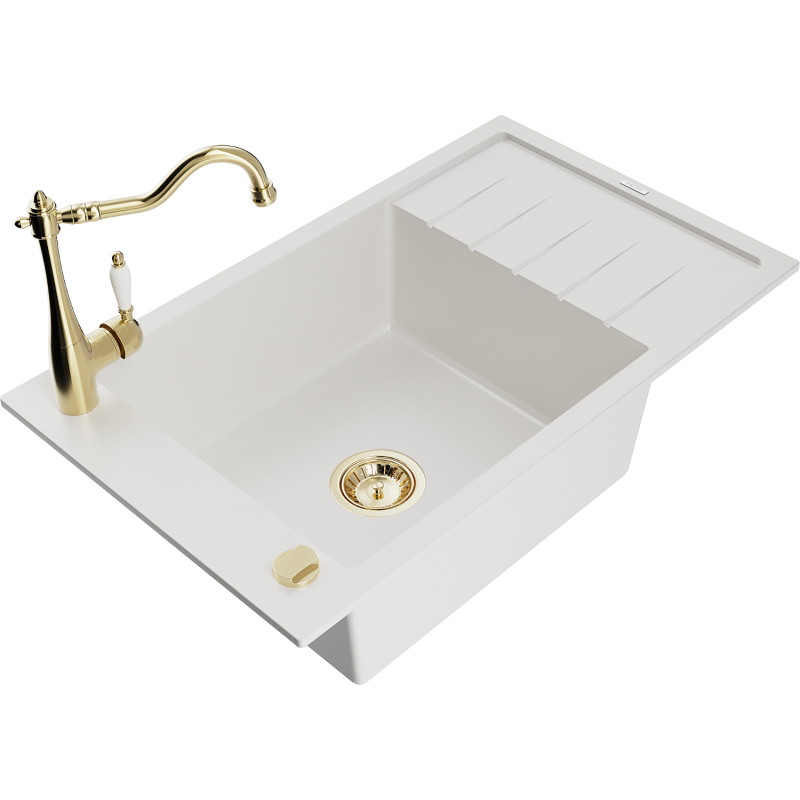 Mexen Elias granite single-bowl kitchen sink with drainer and Carla kitchen faucet, white - 6511-20-670700-50