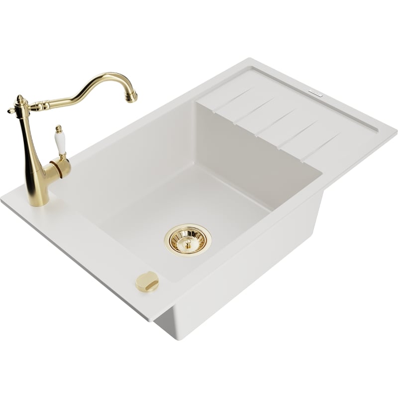 Mexen Elias granite sink 1-bowl with drainer and kitchen faucet Carla, white - 6511-20-670700-50