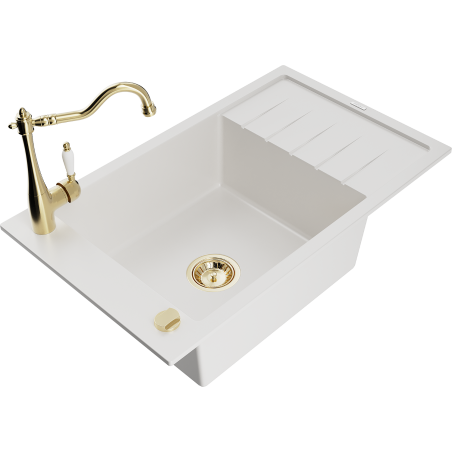 Mexen Elias 1-compartment granite sink with a drip tray and kitchen mixer tap Carla, White - 6511-20-670700-50