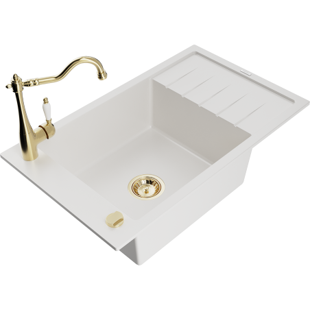 Mexen Elias granite sink 1-bowl with drainer and Carla kitchen tap, white - 6511-20-670700-50