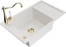 Mexen Elias 1-compartment granite sink with a drip tray and kitchen mixer tap Carla, White - 6511-20-670700-50