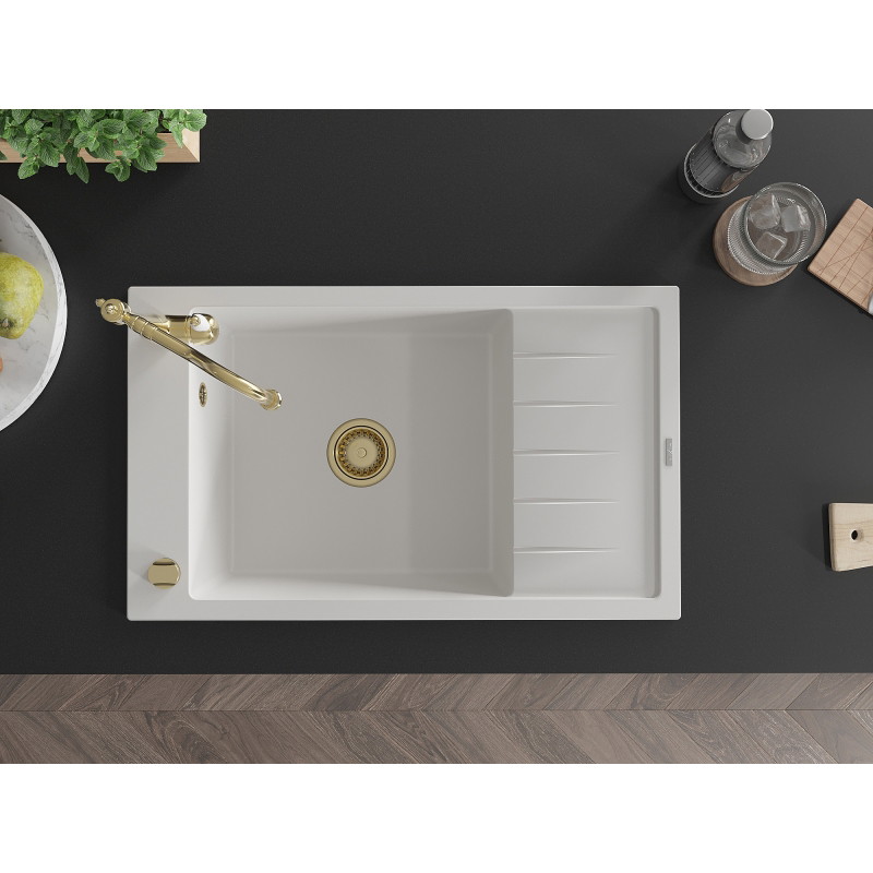 Mexen Elias granite sink 1-bowl with drainer and kitchen faucet Carla, white - 6511-20-670700-50
