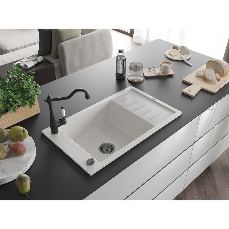 Mexen Elias granite kitchen sink, single bowl with drainer and kitchen faucet Carla, white - 6511-20-670700-70