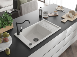 Mexen Elias 1-compartment granite sink with a drip tray and kitchen mixer tap Carla, White - 6511-20-670700-70