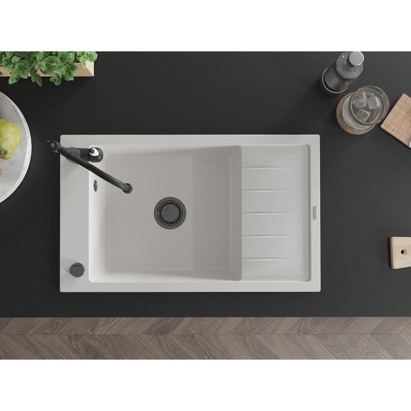 Mexen Elias granite sink 1-bowl with drainer and Carla kitchen faucet, white - 6511-20-670700-70