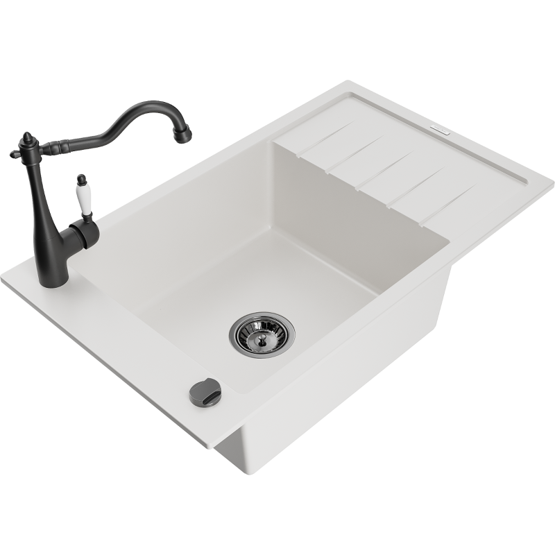 Mexen Elias 1-compartment granite sink with a drip tray and kitchen mixer tap Carla, White - 6511-20-670700-70