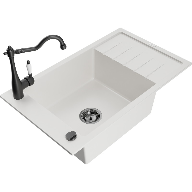 Mexen Elias granite sink 1-bowl with drainer and Carla kitchen faucet, white - 6511-20-670700-70