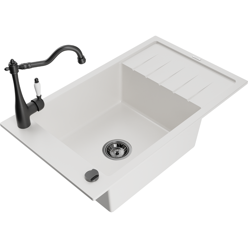 Mexen Elias granite sink 1-bowl with drainer and kitchen tap Carla, white - 6511-20-670700-70