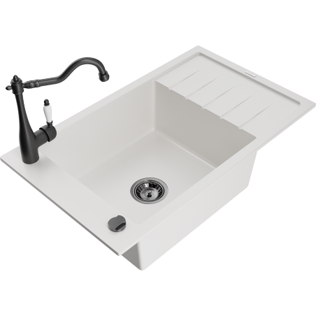Mexen Elias 1-compartment granite sink with a drip tray and kitchen mixer tap Carla, White - 6511-20-670700-70