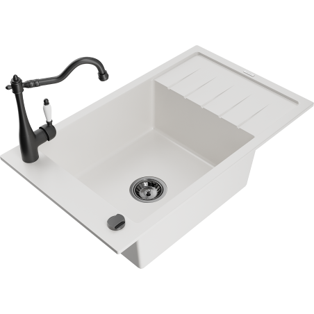 Mexen Elias granite sink 1-bowl with drainer and kitchen tap Carla, white - 6511-20-670700-70