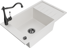 Mexen Elias granite sink 1-bowl with drainer and Carla kitchen faucet, white - 6511-20-670700-70