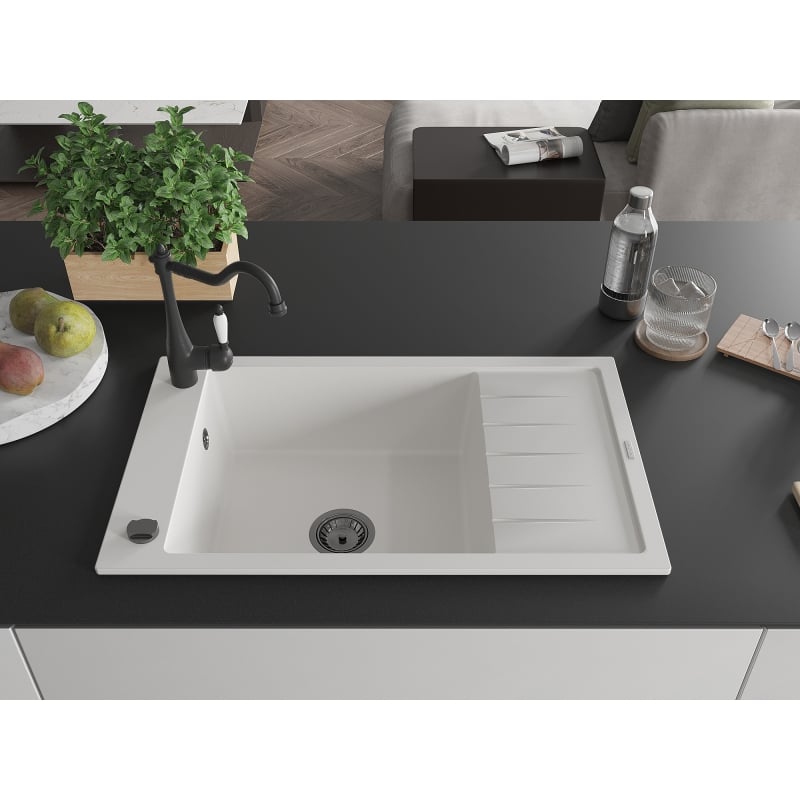Mexen Elias granite kitchen sink, single bowl with drainer and kitchen faucet Carla, white - 6511-20-670700-70