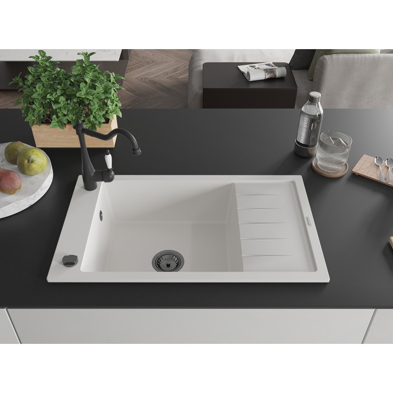 Mexen Elias granite sink 1-bowl with drainer and Carla kitchen faucet, white - 6511-20-670700-70