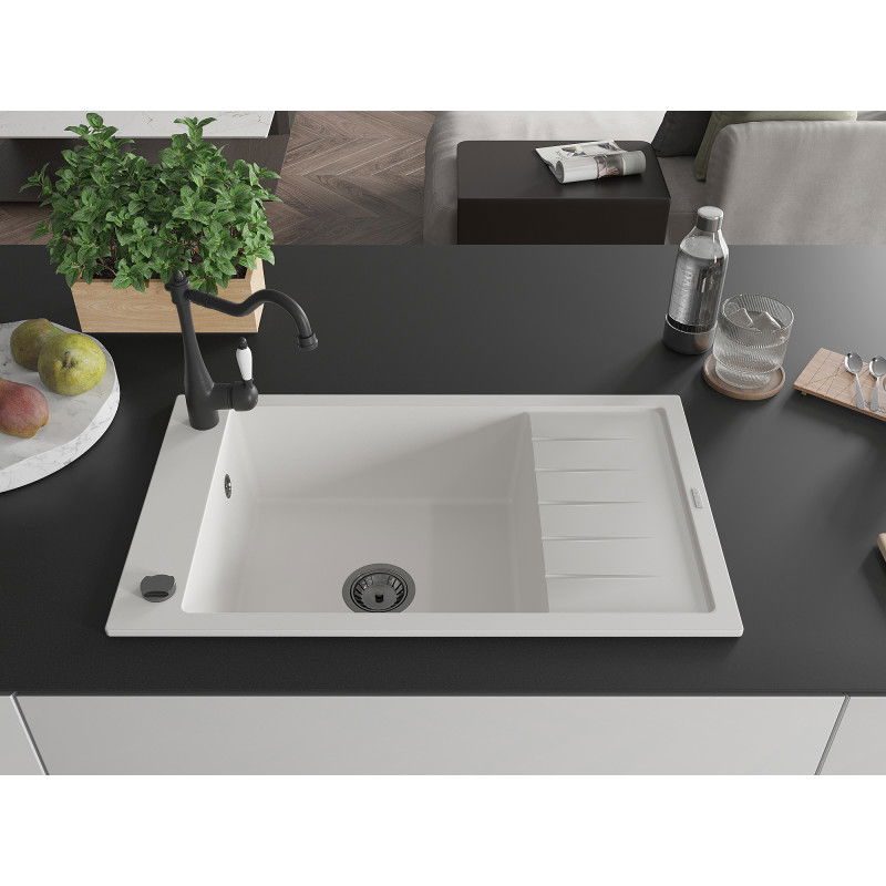 Mexen Elias granite sink 1-bowl with drainer and kitchen tap Carla, white - 6511-20-670700-70
