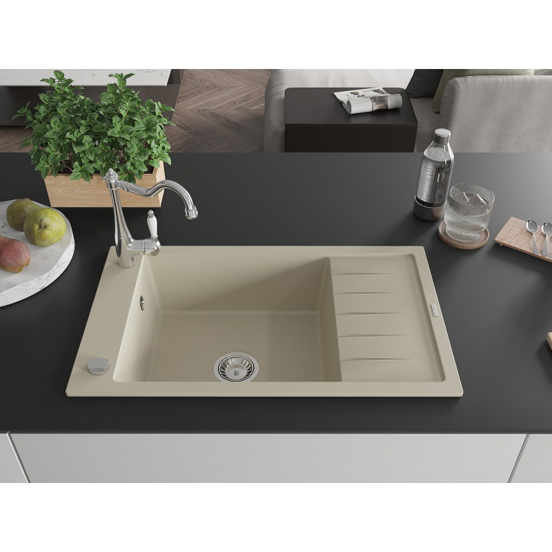 Mexen Elias granite kitchen sink 1-bowl with drainer and Carla kitchen faucet, beige - 6511-69-670700-00