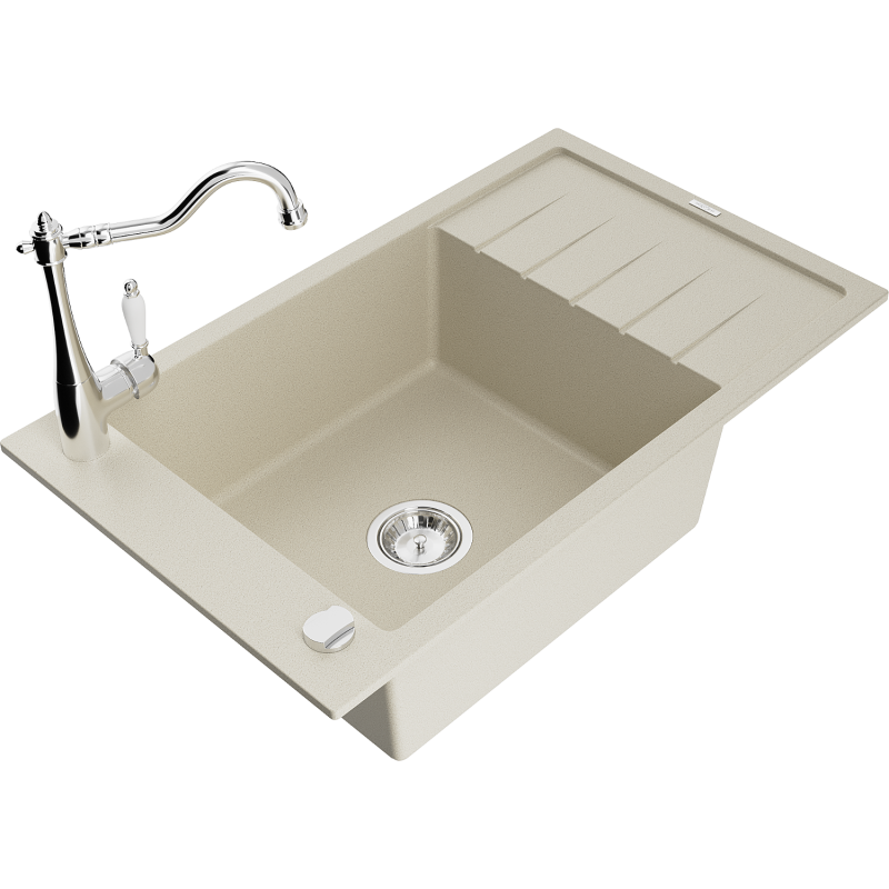 Mexen Elias 1-compartment granite sink with a drip tray and kitchen mixer tap Carla, Beige - 6511-69-670700-00