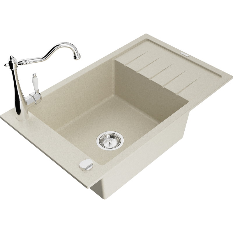 Mexen Elias granite sink 1-bowl with drainer and kitchen faucet Carla, beige - 6511-69-670700-00