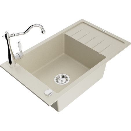 Mexen Elias 1-compartment granite sink with a drip tray and kitchen mixer tap Carla, Beige - 6511-69-670700-00