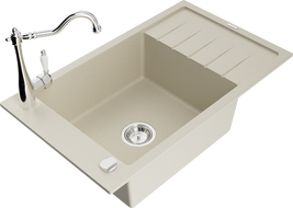 Mexen Elias 1-compartment granite sink with a drip tray and kitchen mixer tap Carla, Beige - 6511-69-670700-00