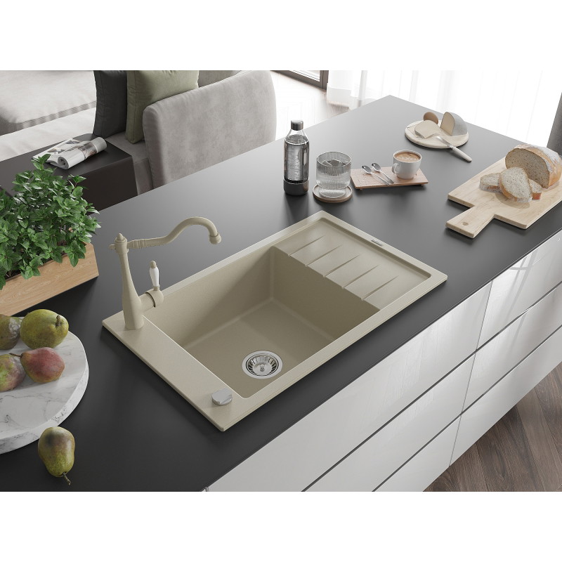 Mexen Elias granite kitchen sink 1-bowl with drainer and Carla kitchen faucet, beige - 6511-69-670700-69