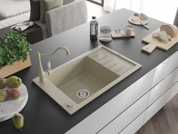 Mexen Elias 1-compartment granite sink with a drip tray and kitchen mixer tap Carla, Beige - 6511-69-670700-69